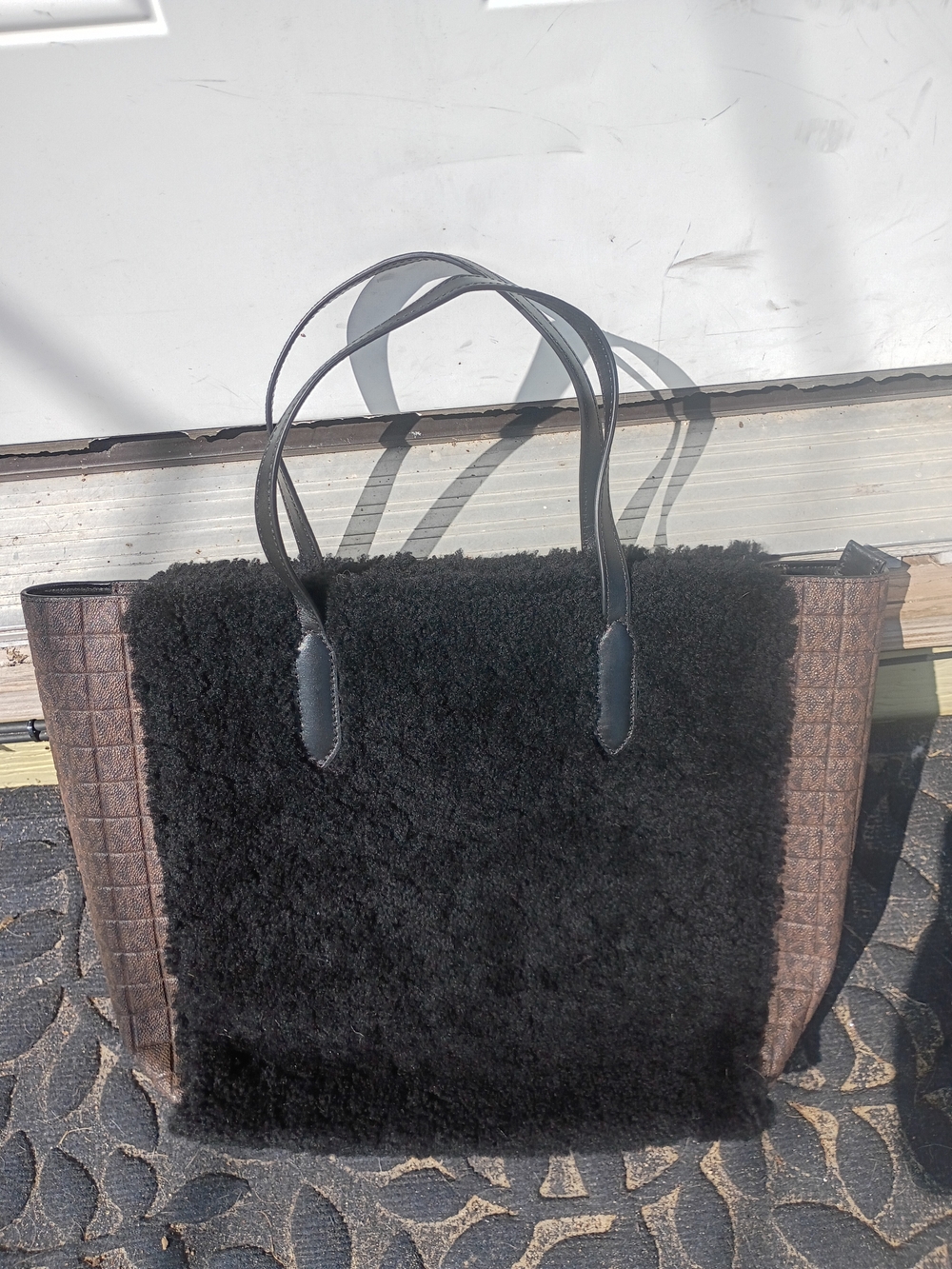 Michael Kors Black Faux-Shearling Tote with Brown Side Panels